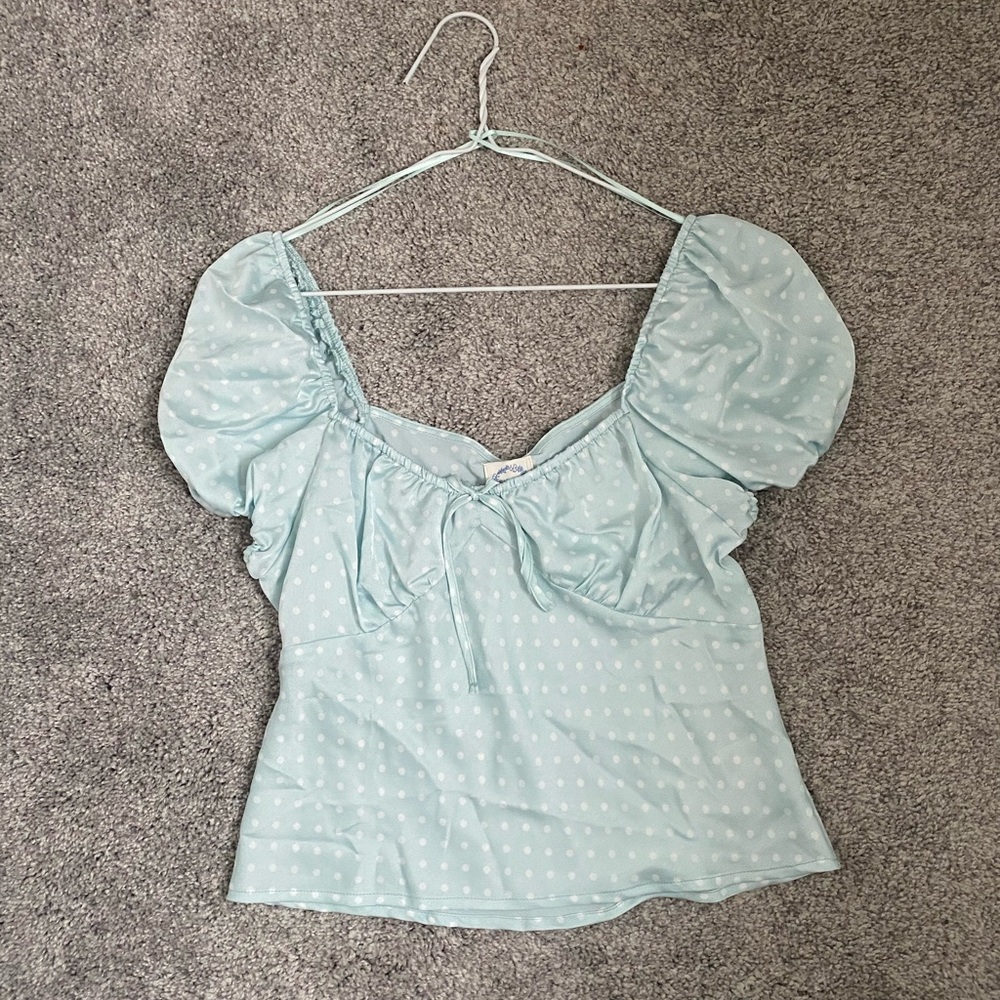 Francesca’s baby blue polka dot top Size: Small Color: Mint blue.